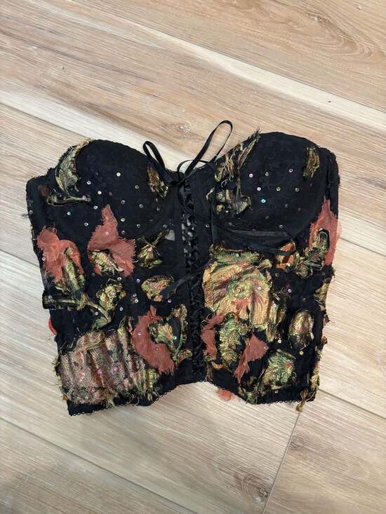 Unknown Tops - Vintage Alberto Makali Floral Lace and Embroidery Corset Bustier Top Silk Blend